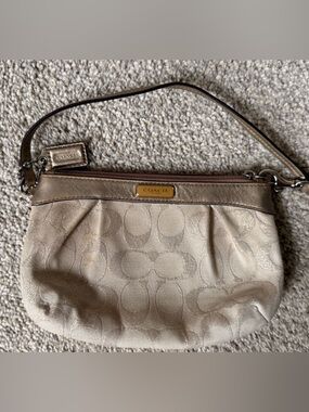 Coach 2000s Metallic Taupe Signature Wristlet, Cream/Gold